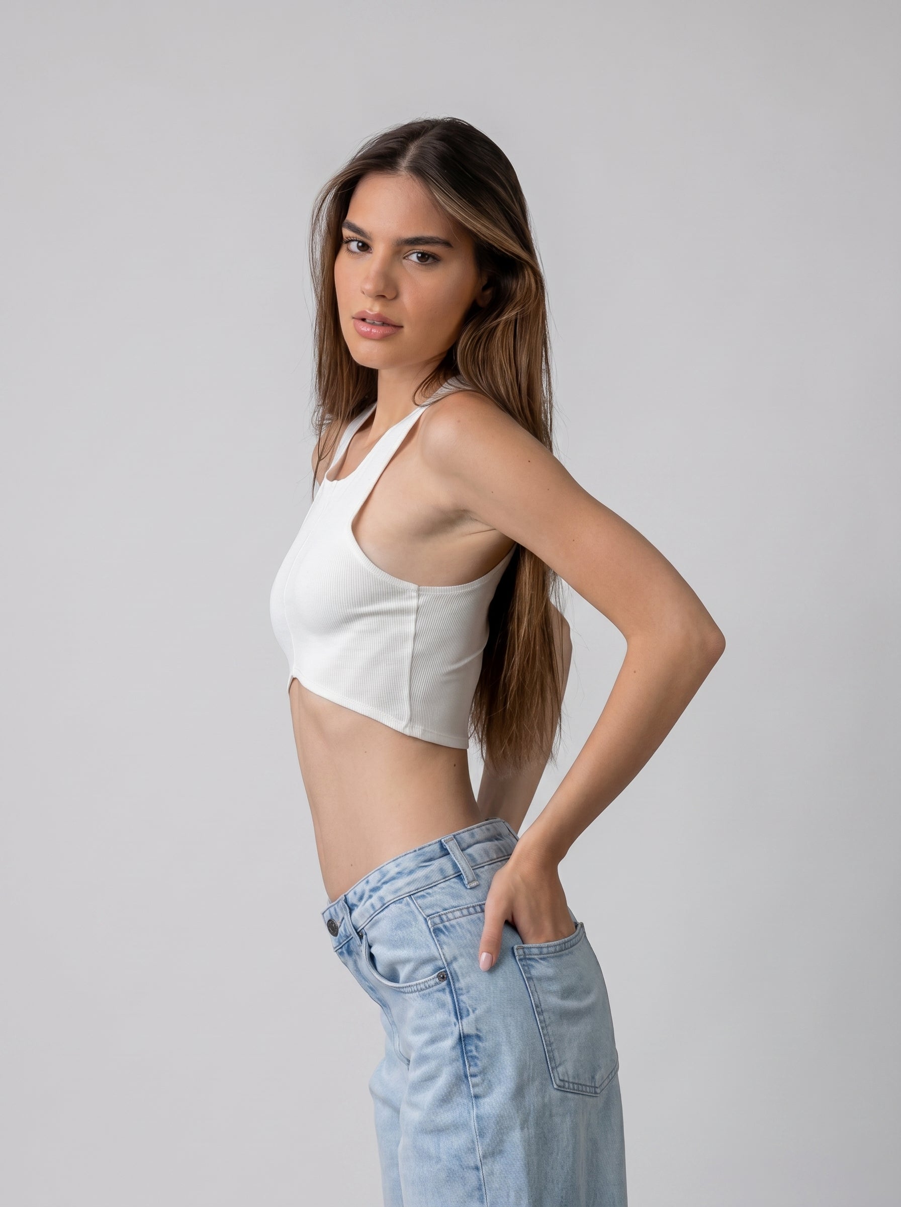 stitched detail tank top in White