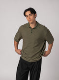 Contrast Collar knit Polo in Olive