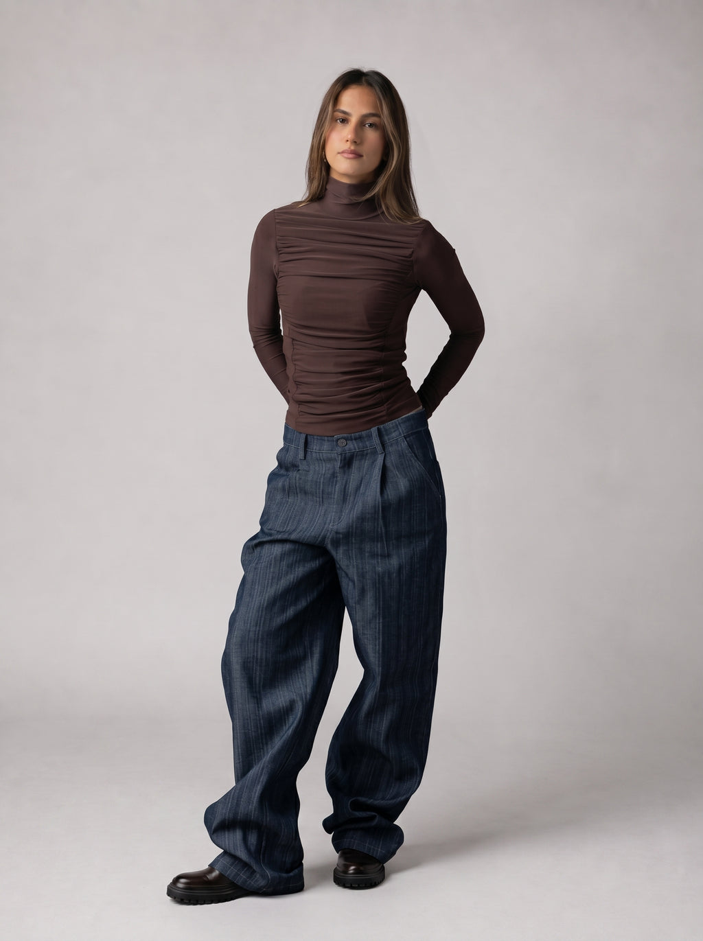 Draped High Neck Top in Brown
