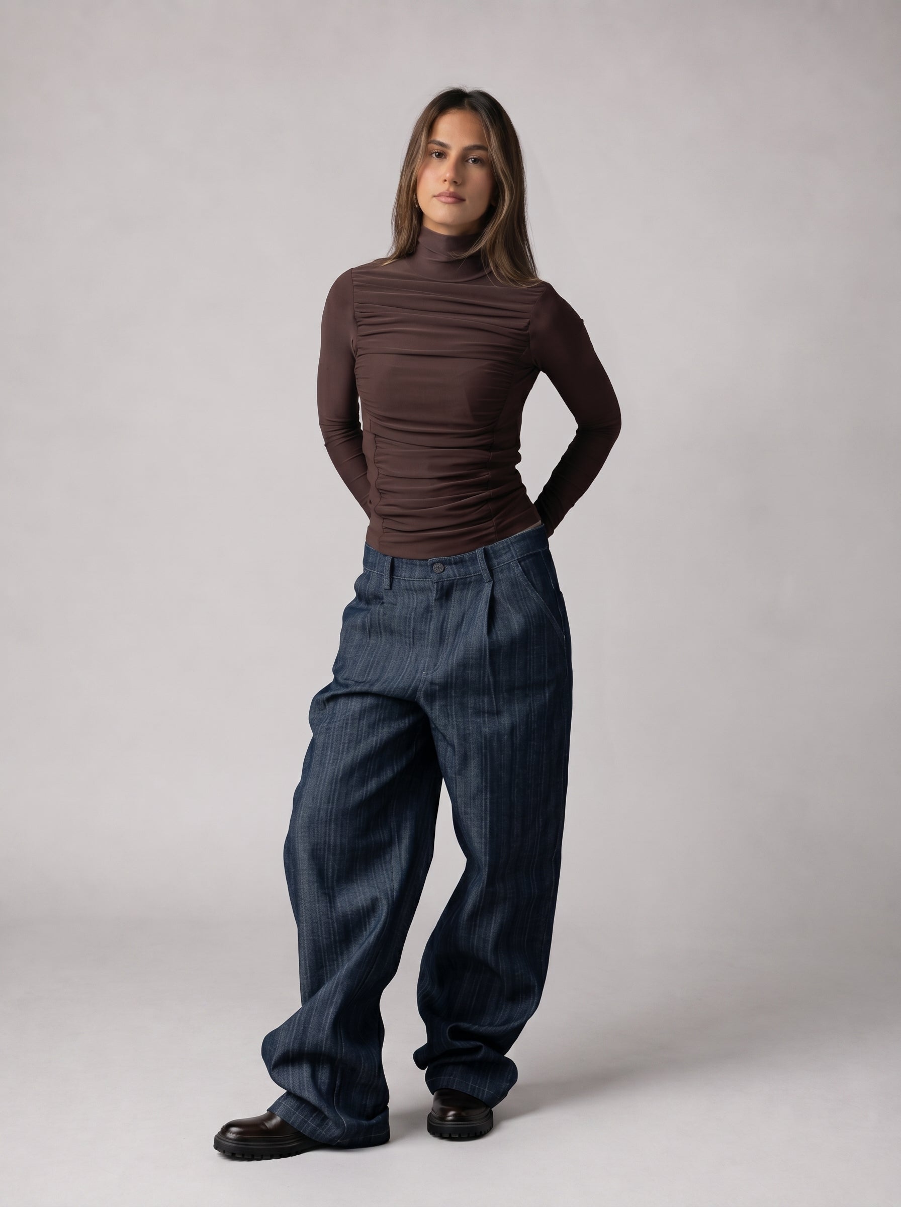 Draped High Neck Top in Brown