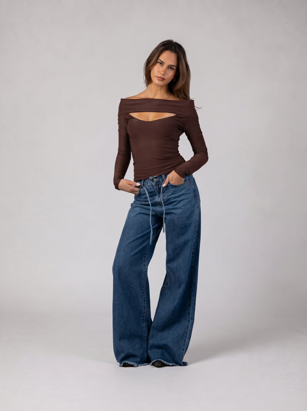 Off-Shoulder Cut-Out Top in Brown