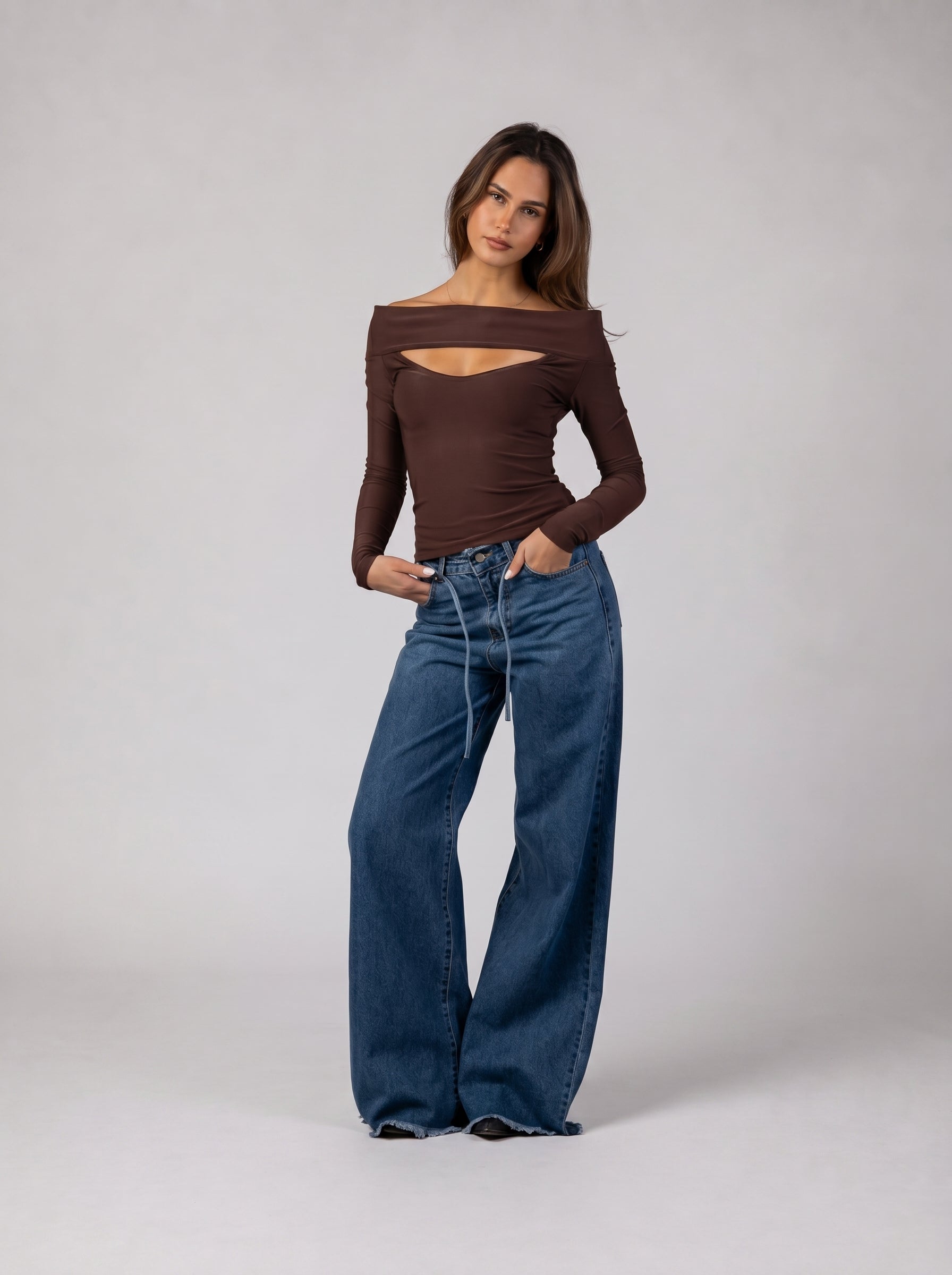Off-Shoulder Cut-Out Top in Brown