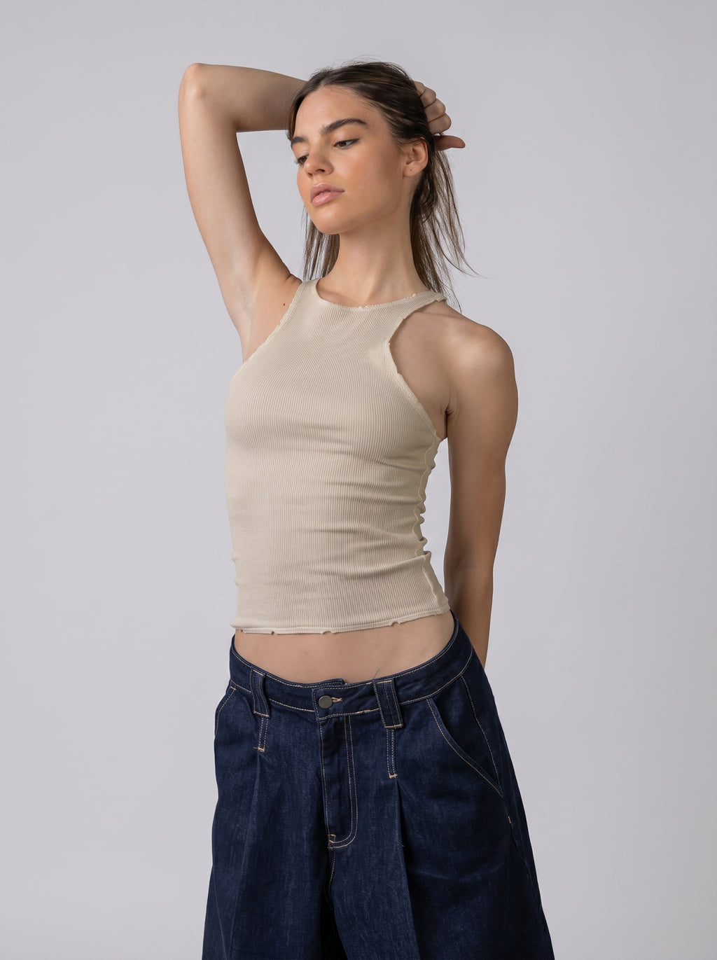 Ripped halter neck top  in Beige
