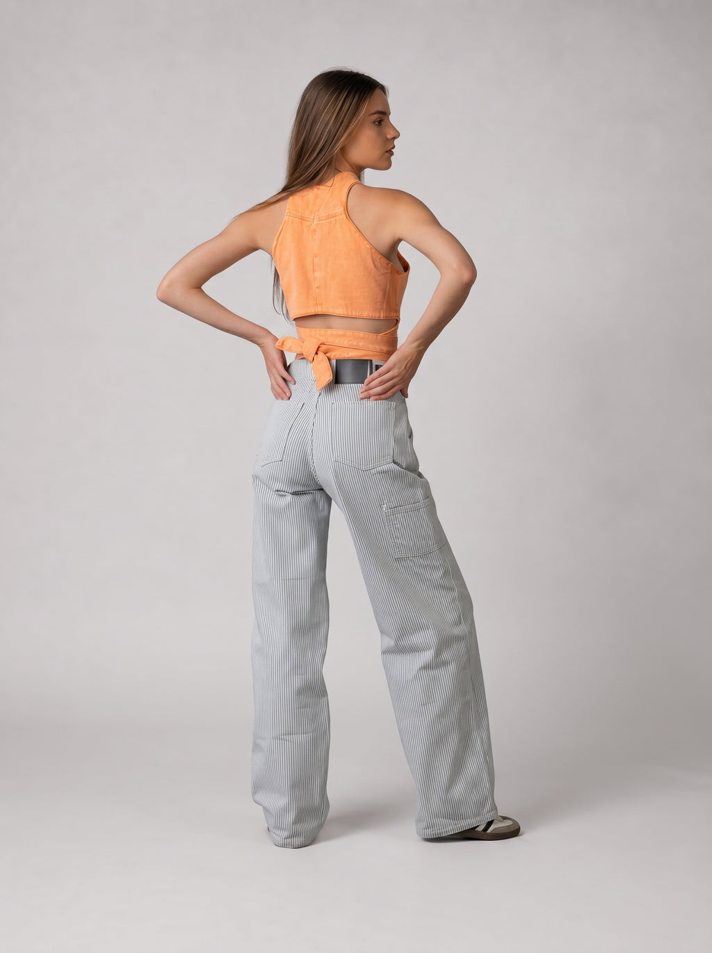 Wrap Denim Crop Top in Washed Orange