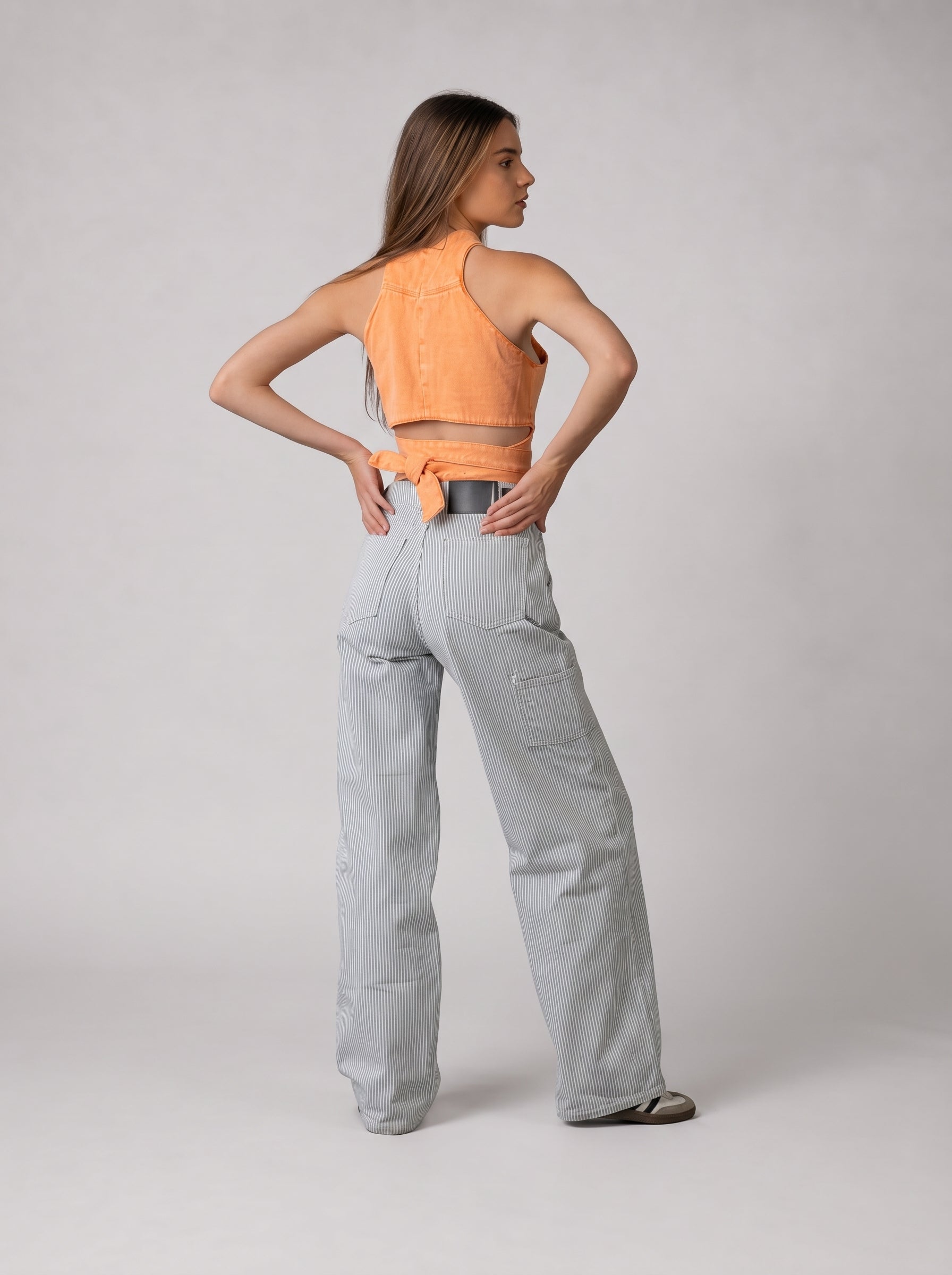 Wrap Denim Crop Top in Washed Orange