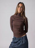 Draped High Neck Top in Brown