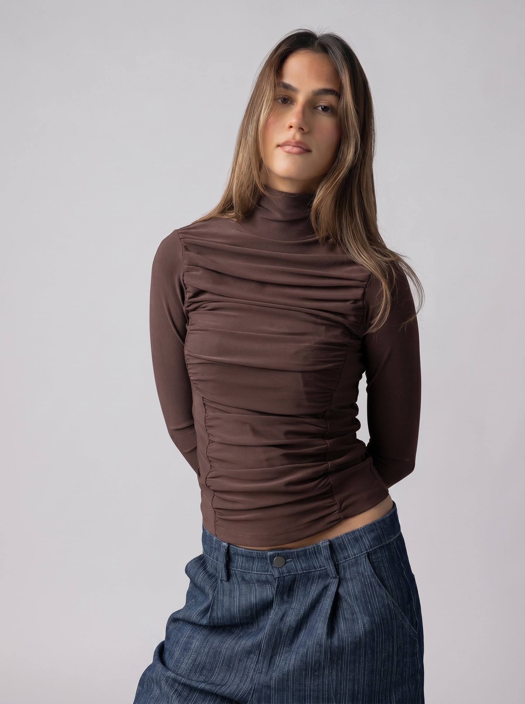 Draped High Neck Top in Brown