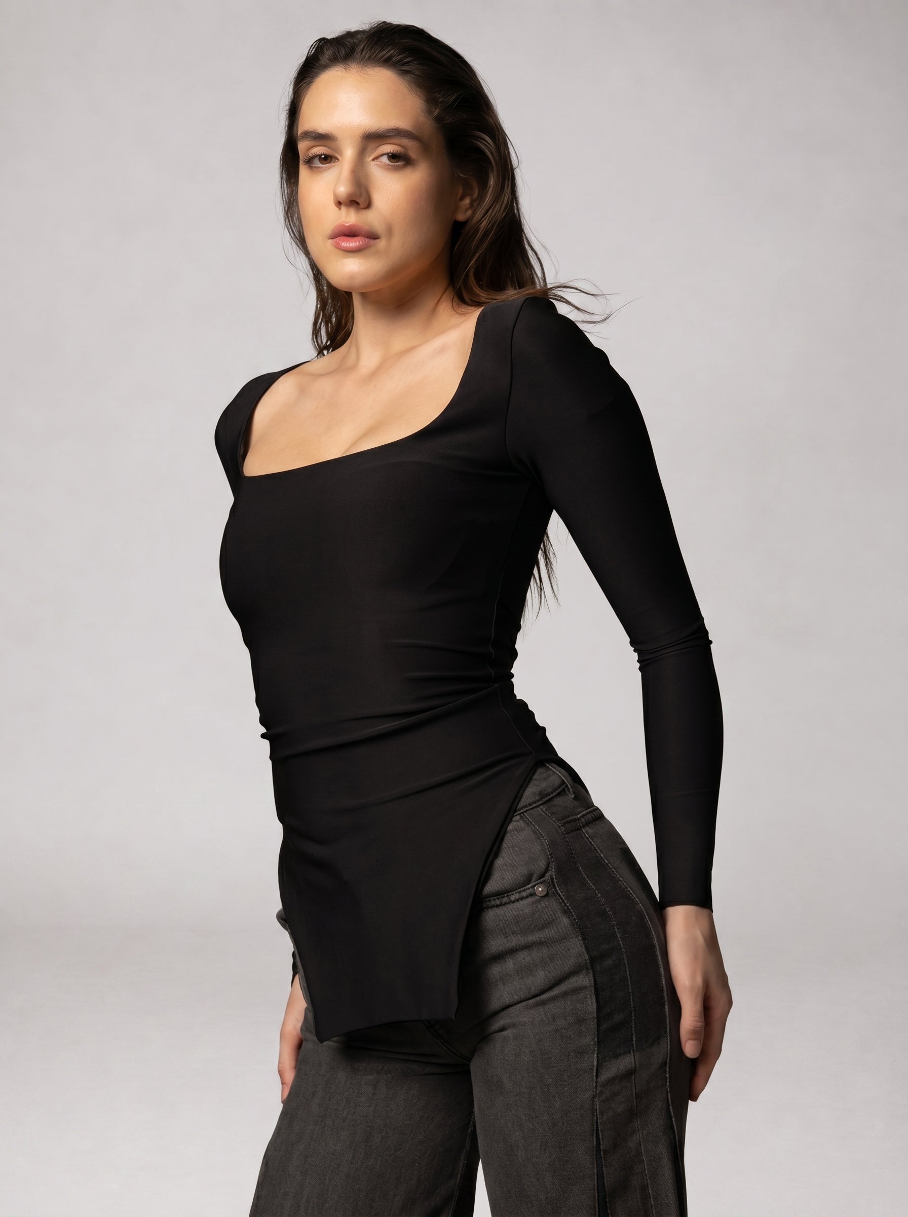Side Split Basic Top in Black