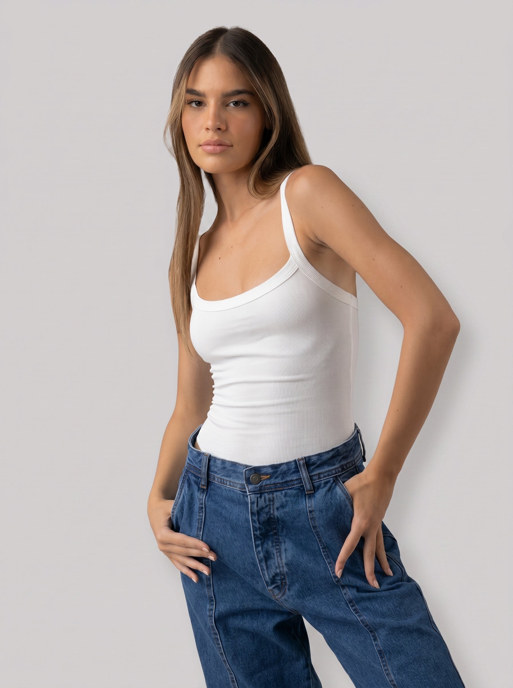 Ribbed Strappy Bodysuit in White
