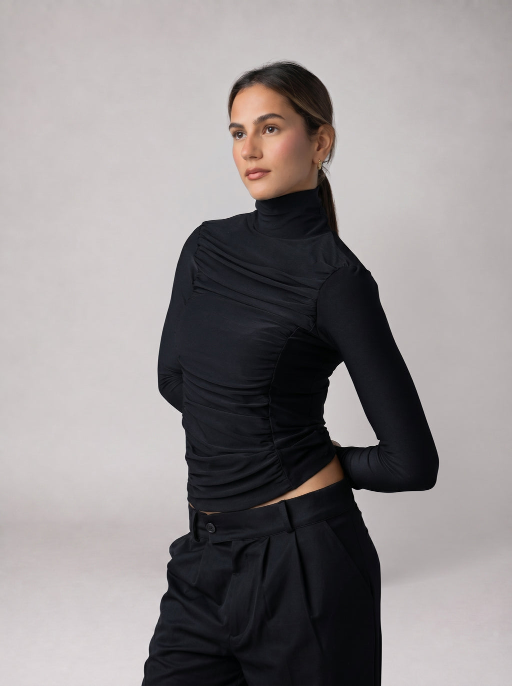 Draped High Neck Top in Black