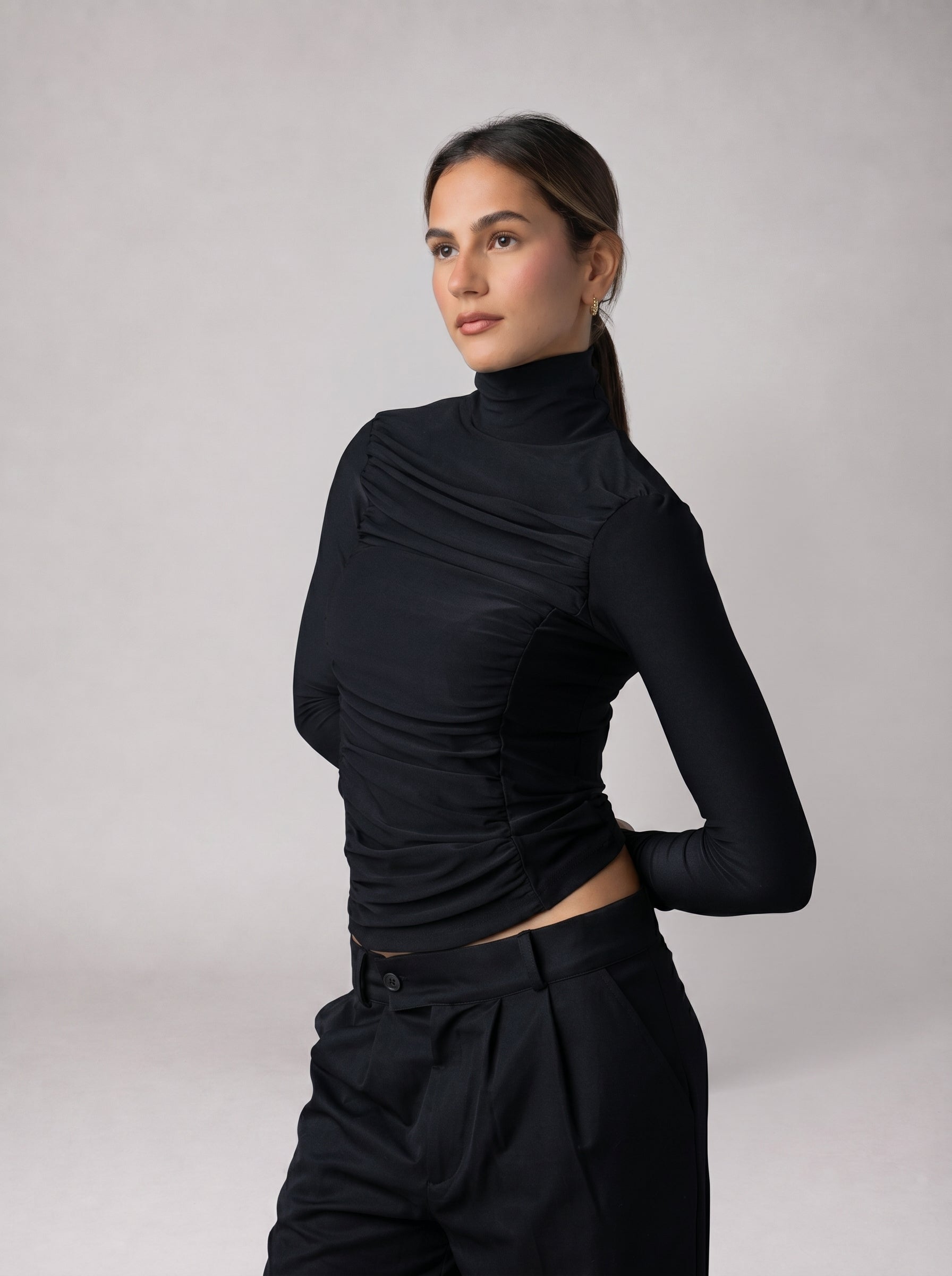 Draped High Neck Top in Black