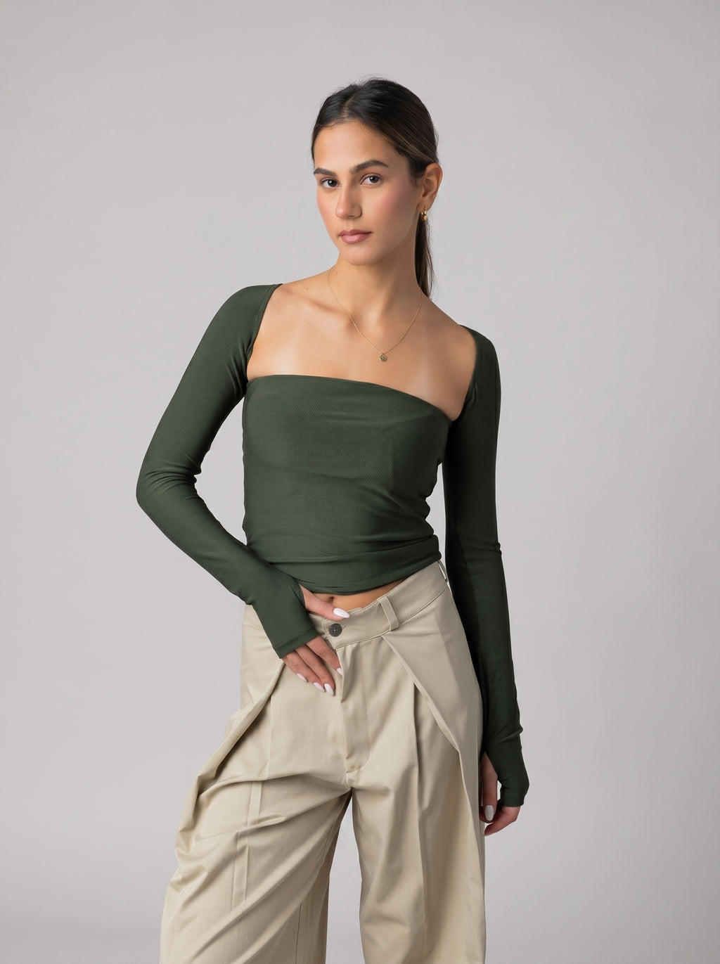 Off shoulder top in Olive