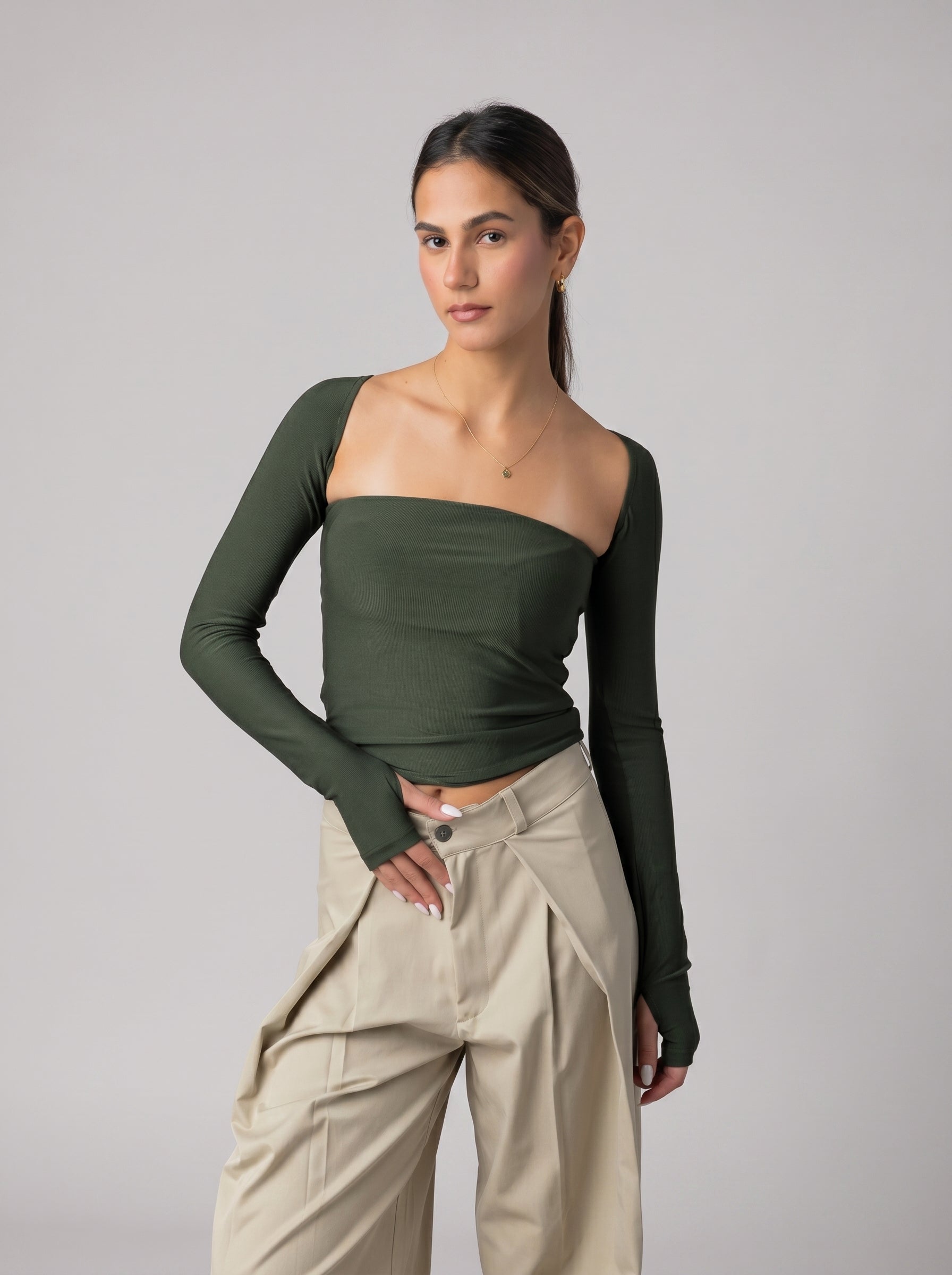 Off shoulder top in Olive