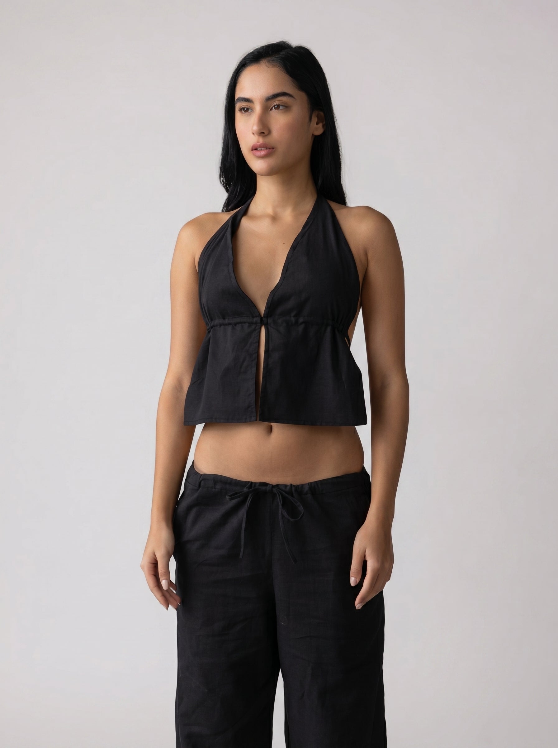 Halter top linen set in Black