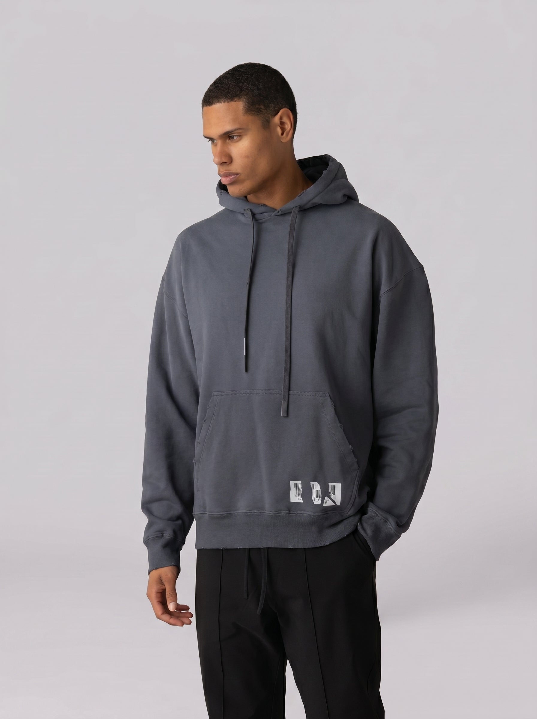 Barcode Washed Hoodie in Dark Grey