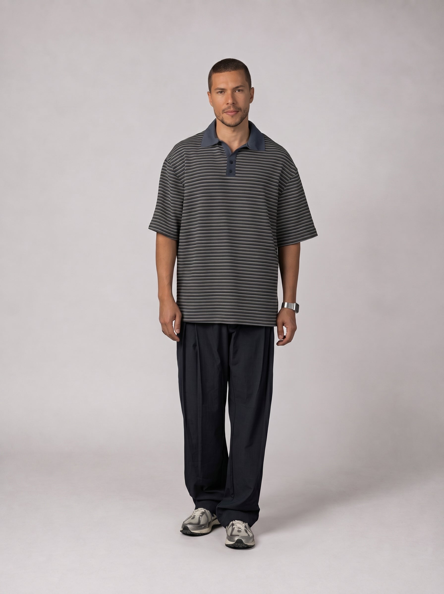 Contrast Collar knit Polo in Grey