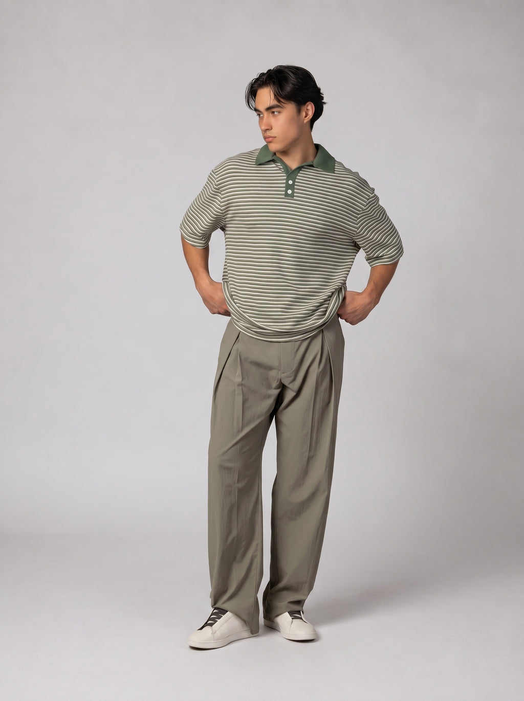 Contrast Collar knit Polo in Light Olive