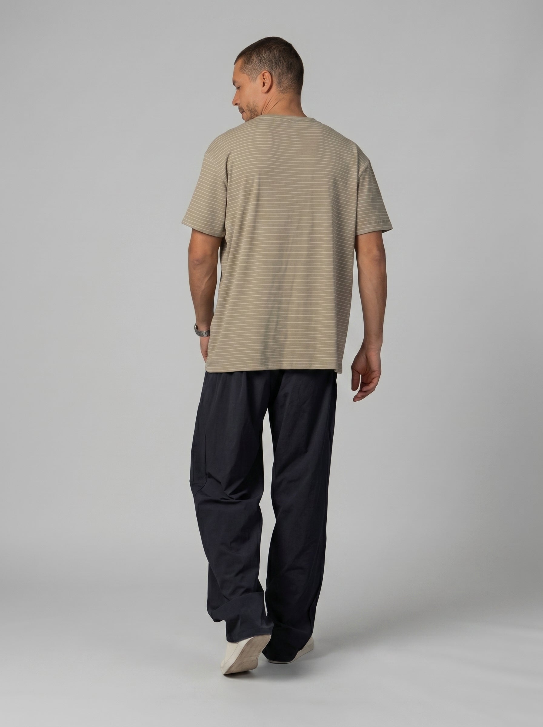 Crew neck Striped Knit T-Shirt in Biege