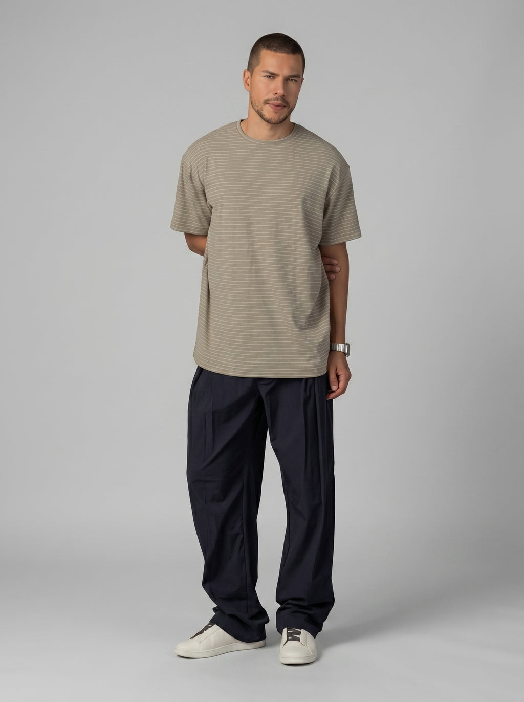 Crew neck Striped Knit T-Shirt in Biege