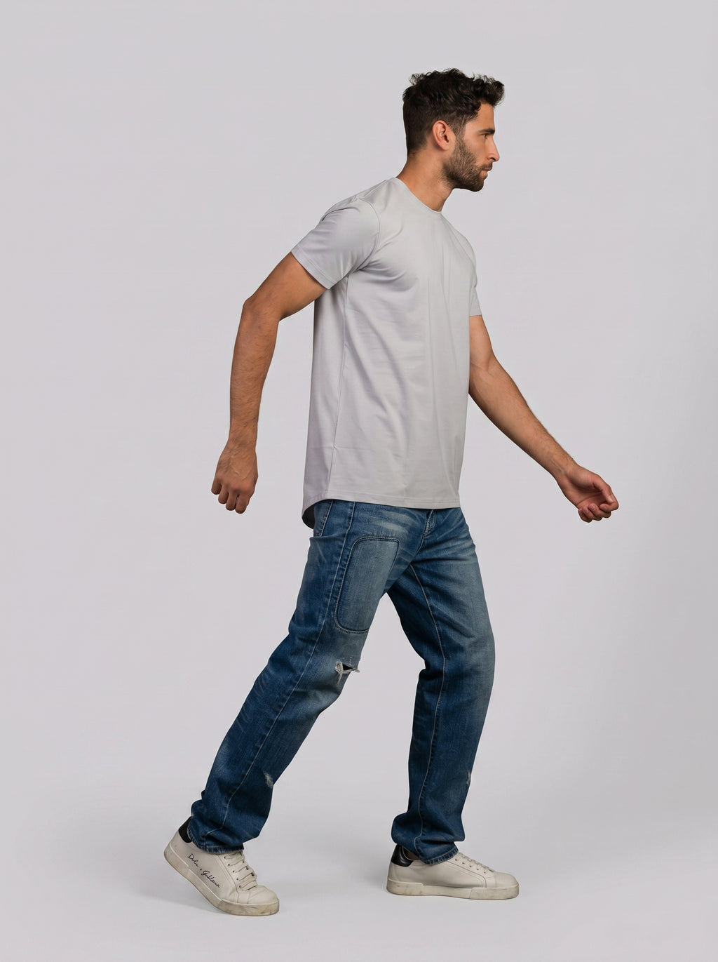 Curved Back O-Neck T-shirt in Light Grey