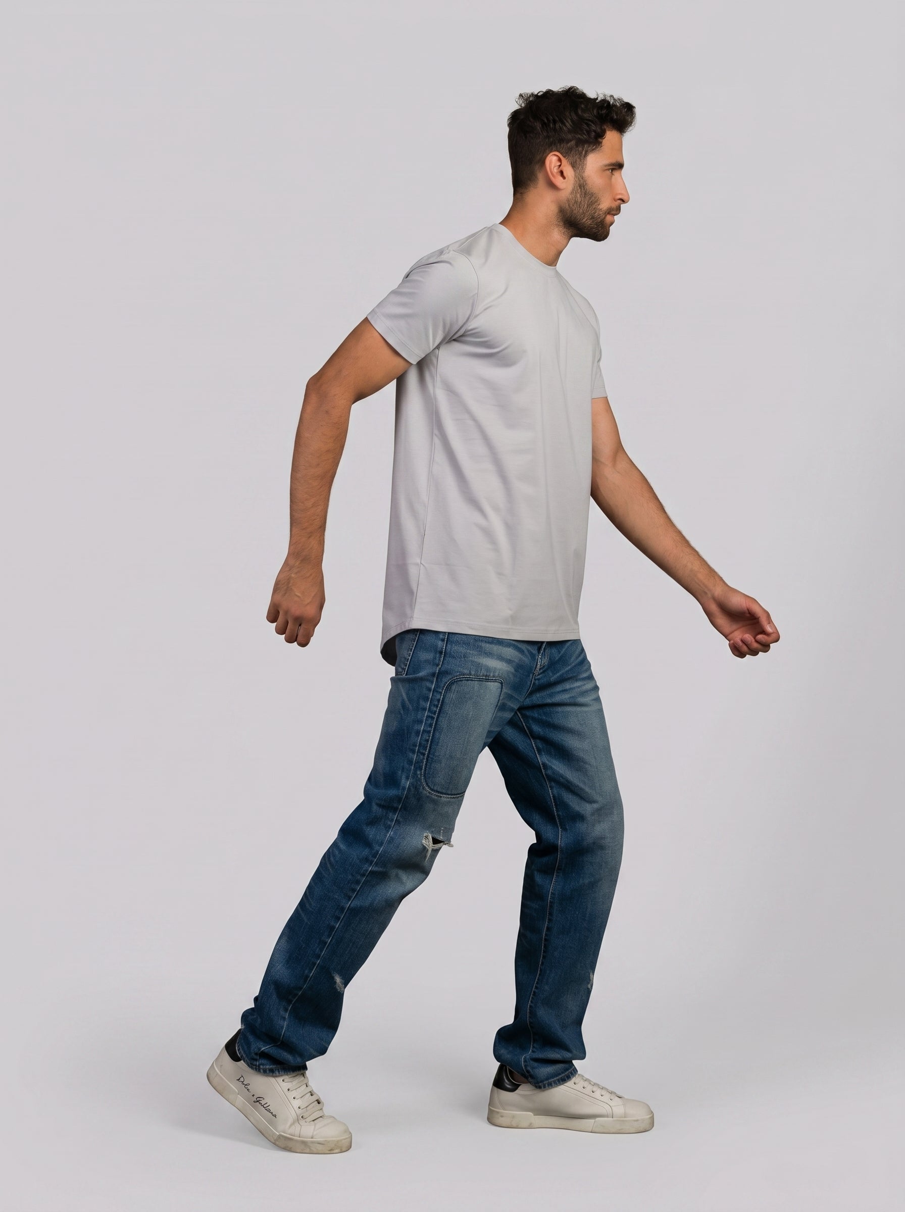 Curved Back O-Neck T-shirt in Light Grey