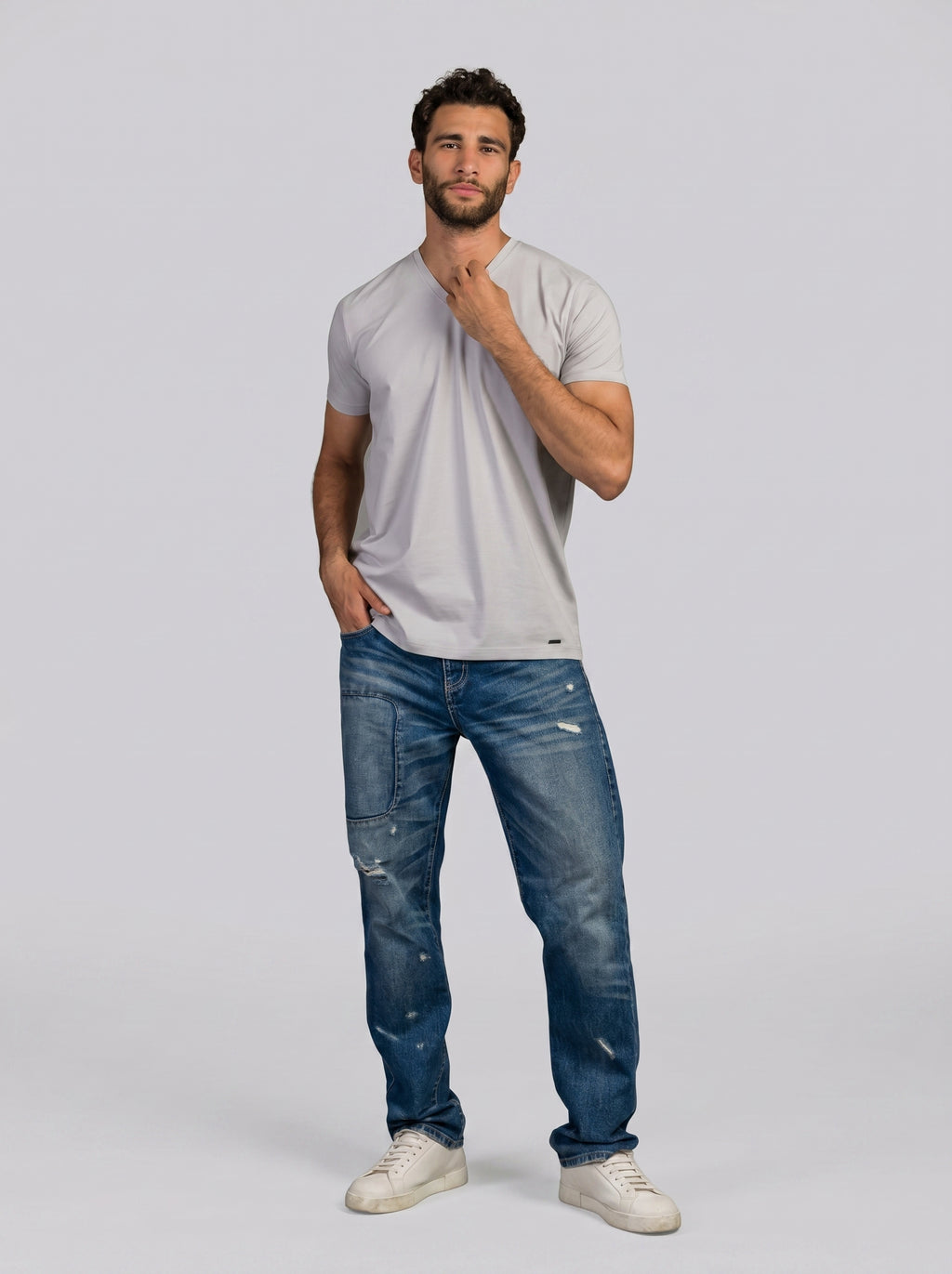 Curved Back V-Neck T- Shirt in Light Grey