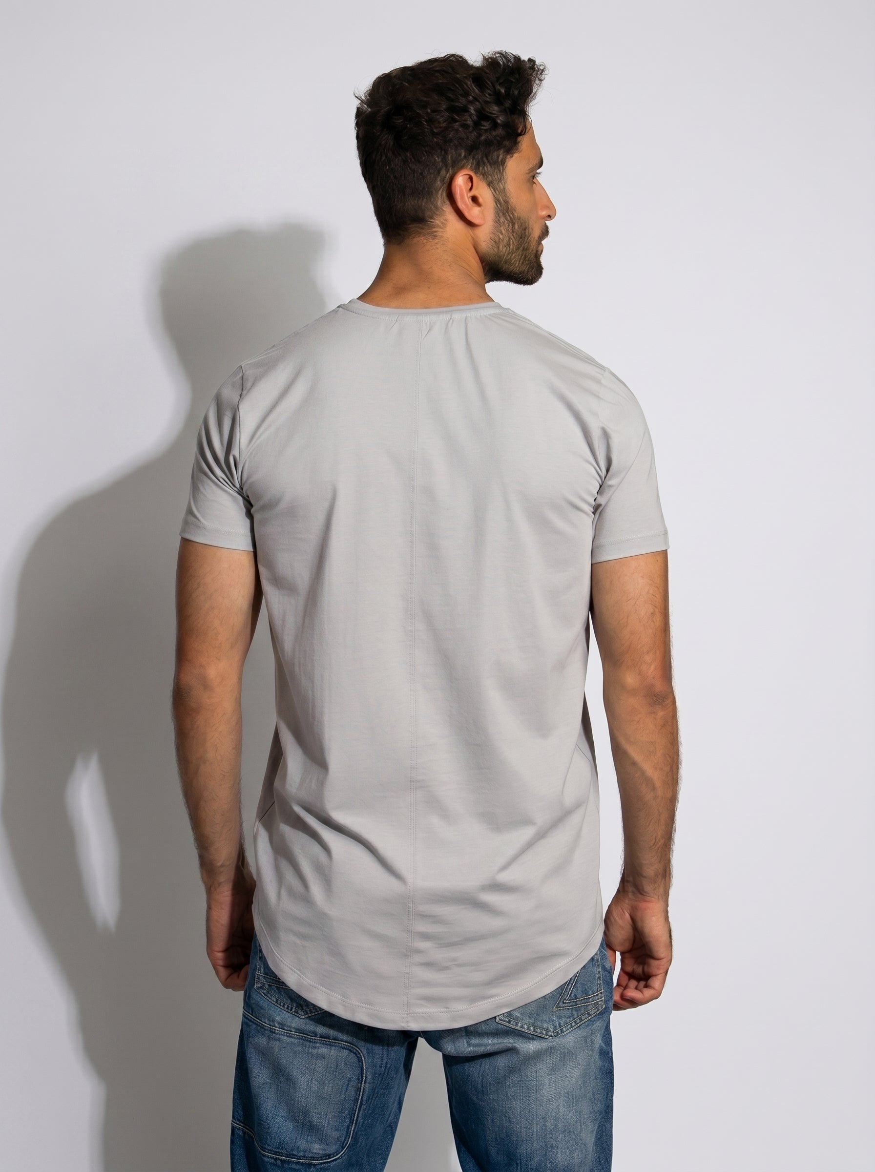 Curved Back V-Neck T- Shirt in Light Grey