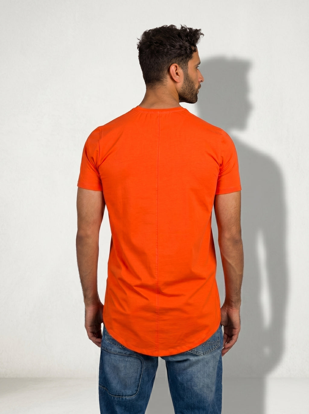 Curved Back V-Neck T- Shirt in Orange