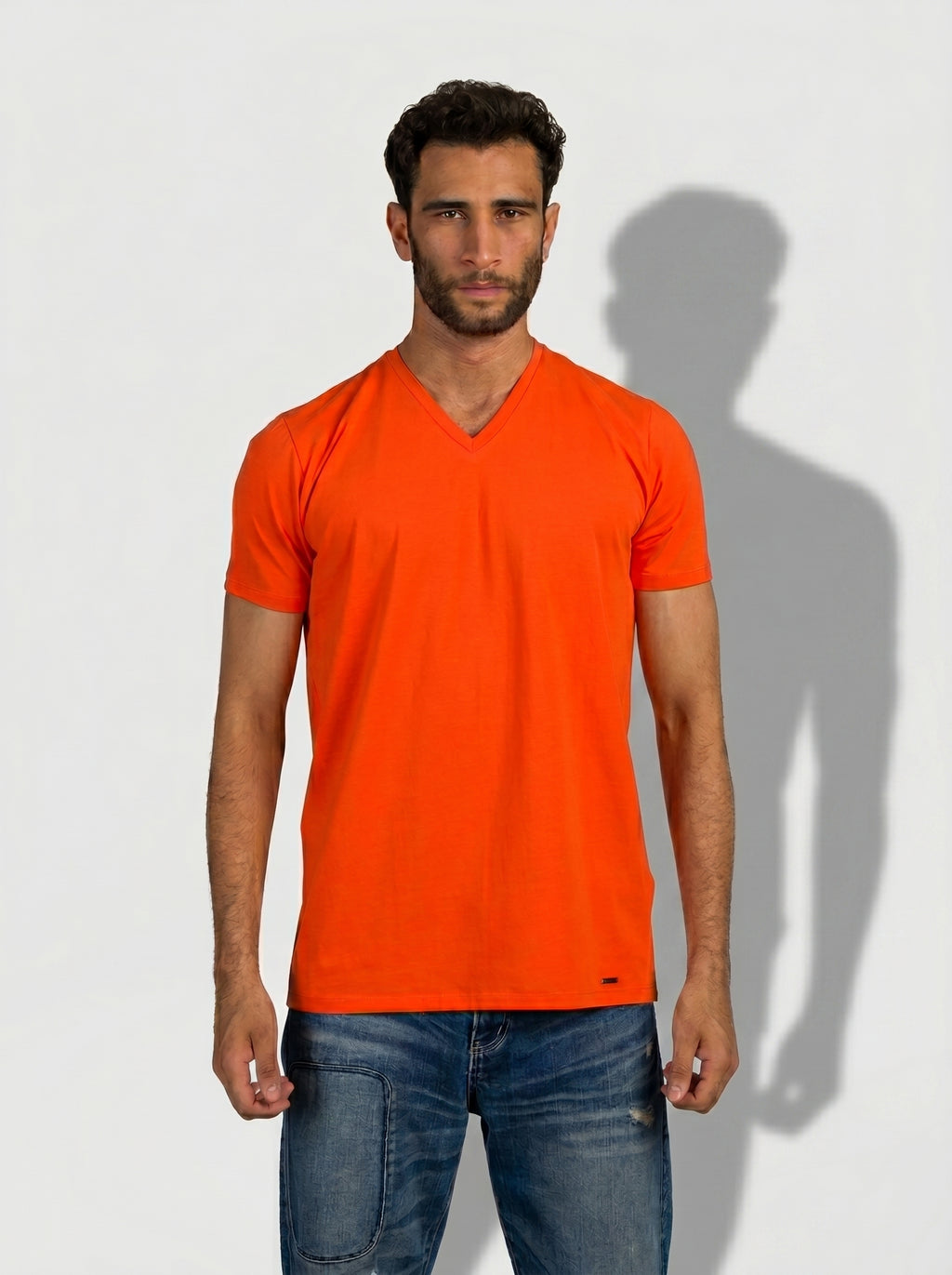 Curved Back V-Neck T- Shirt in Orange