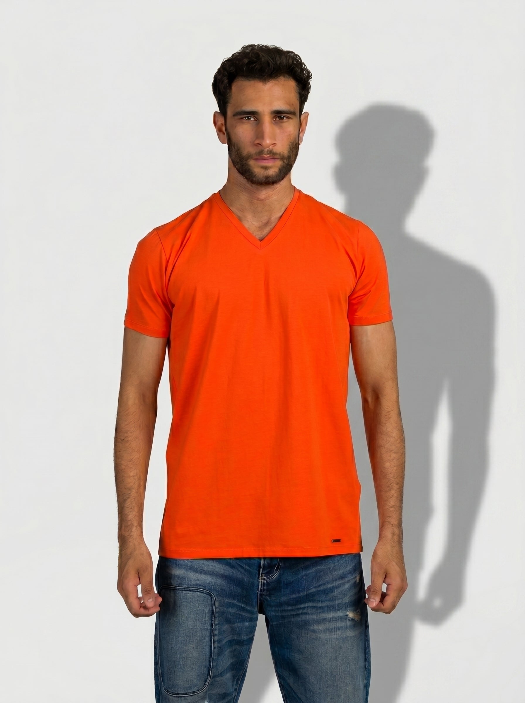 Curved Back V-Neck T- Shirt in Orange