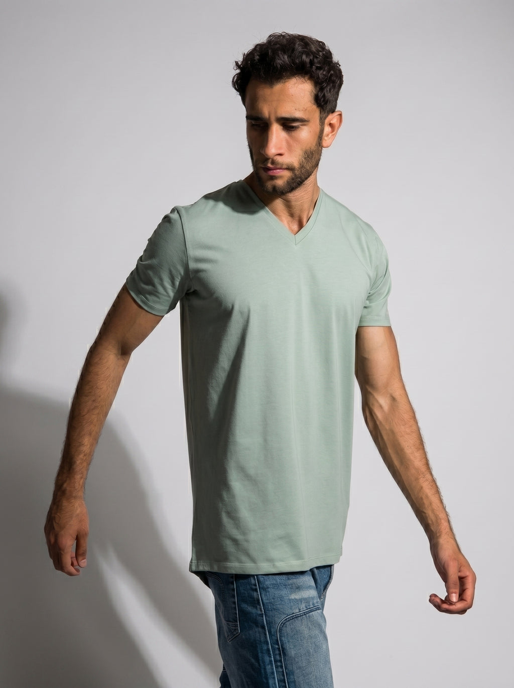 Curved Back V-Neck T- Shirt in Pistachio