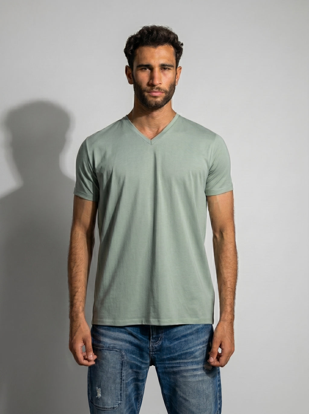 Curved Back V-Neck T- Shirt in Pistachio