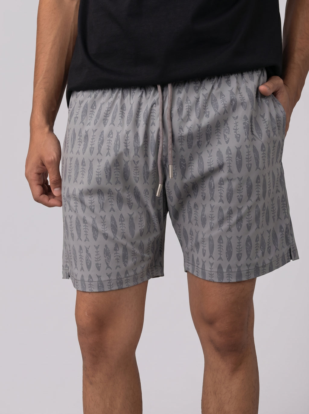 Fish Skull Print Swim Short in Grey