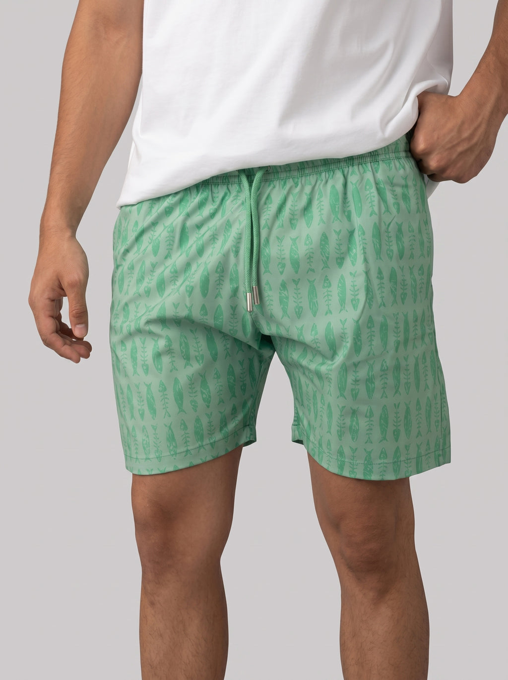 Fish Skull Print Swim Short in Lime Green