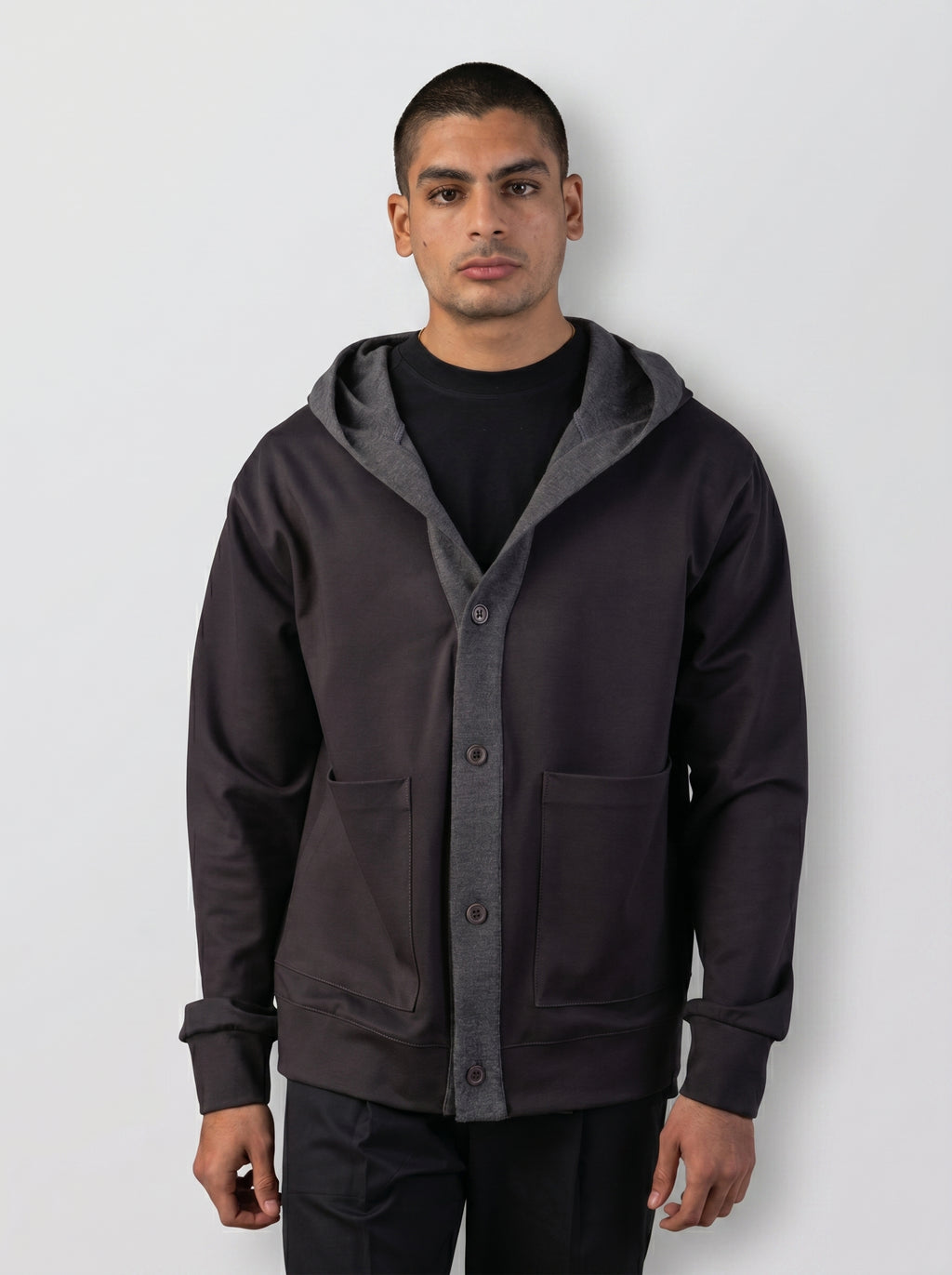 Layered Hooded Cardigan in Dark Grey