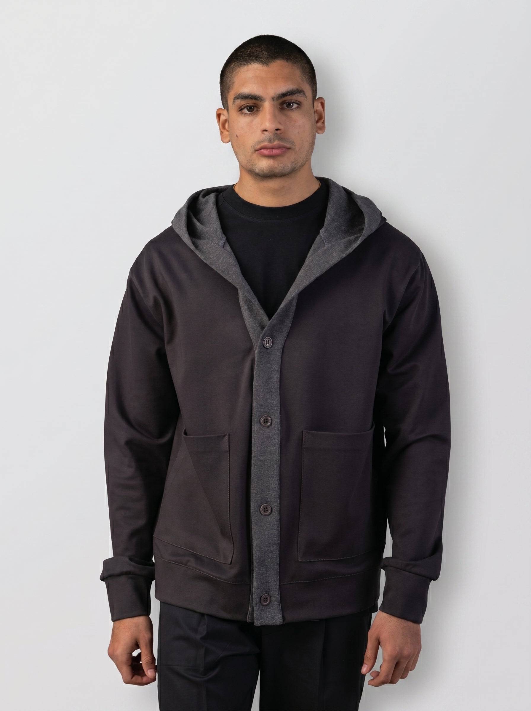 Layered Hooded Cardigan in Dark Grey