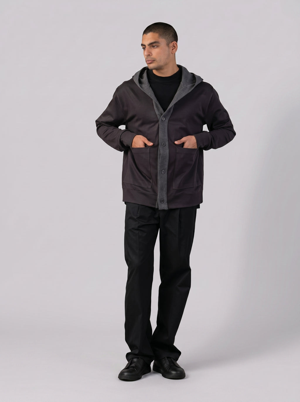Layered Hooded Cardigan in Dark Grey
