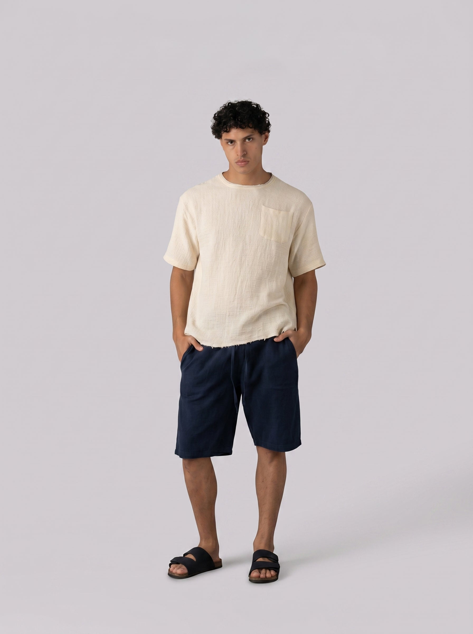 Linen Drawstring Short in Navy blue