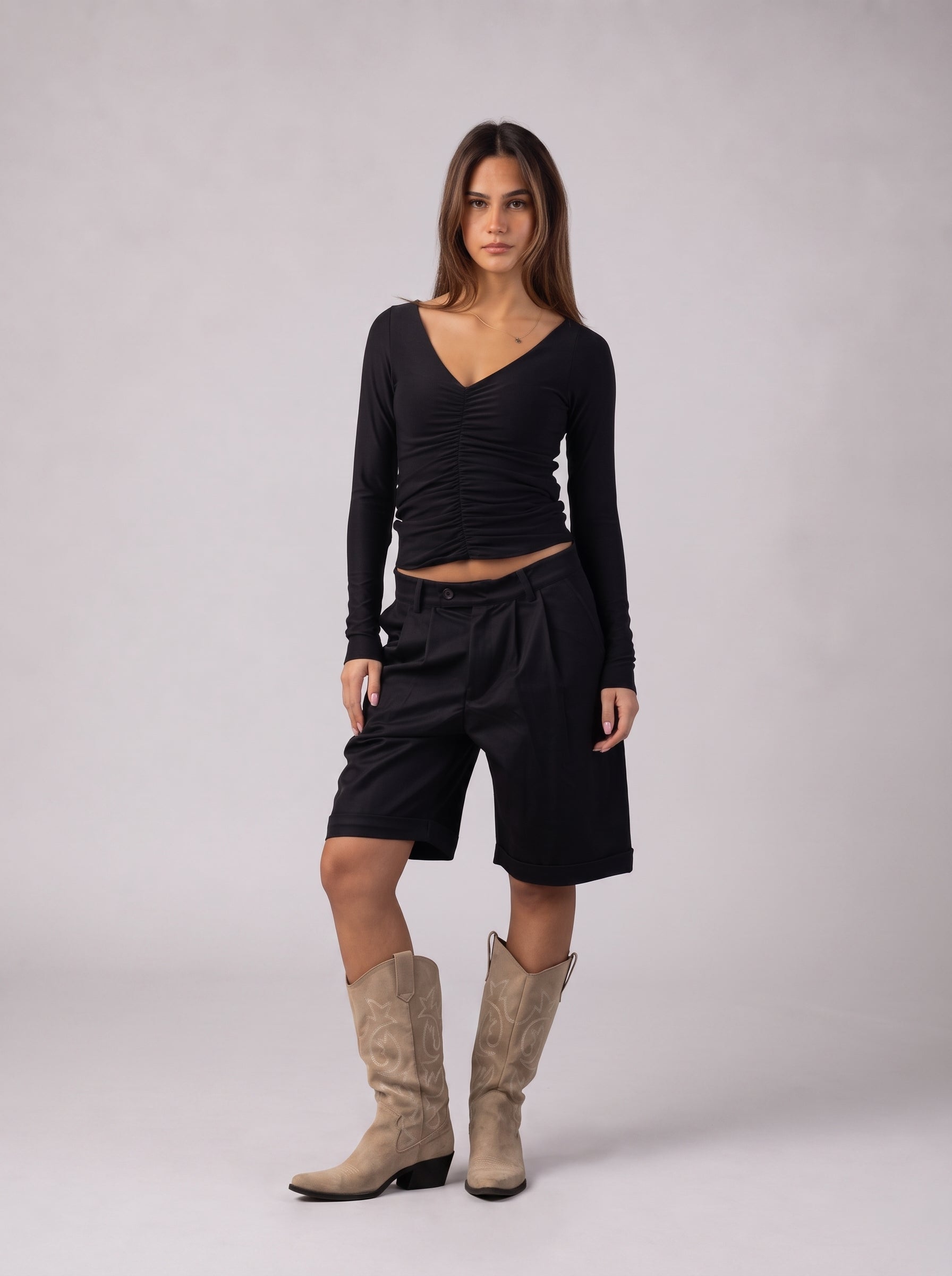 Ruched V-Neck Top in Black