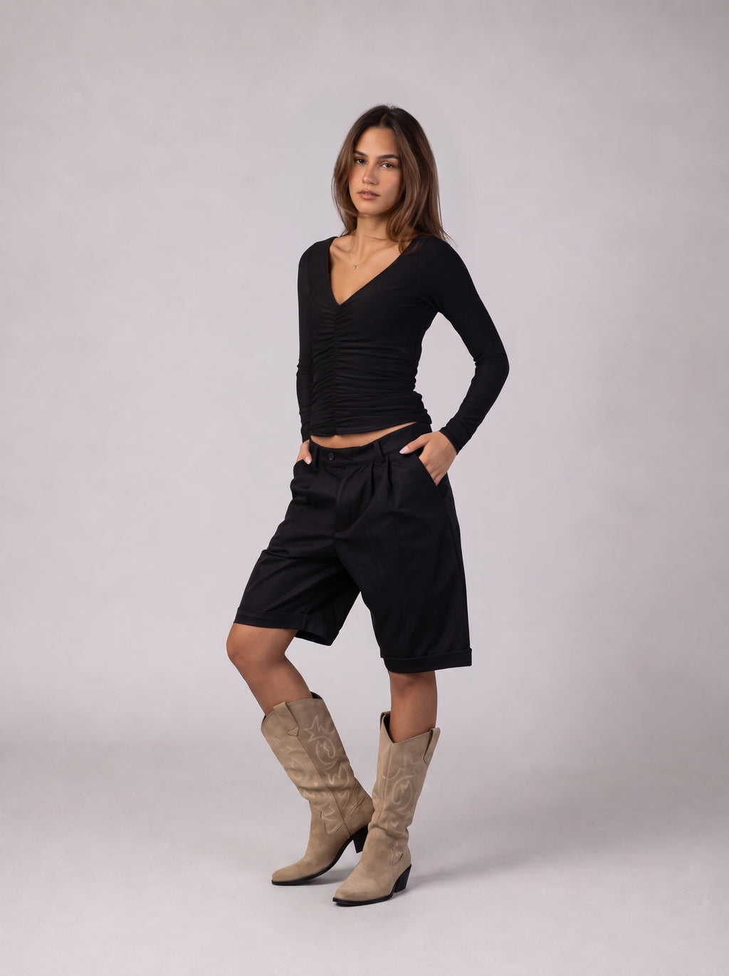 Ruched V-Neck Top in Black