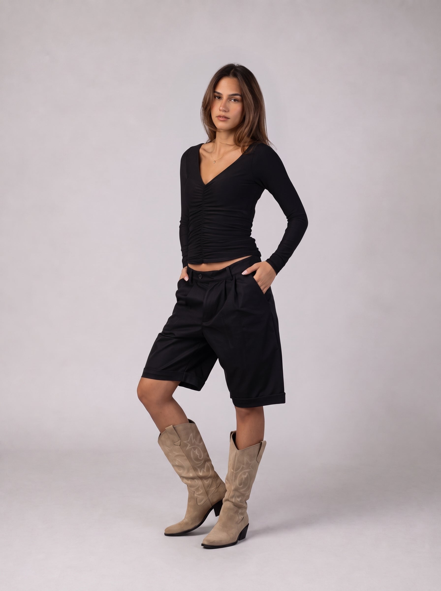 Ruched V-Neck Top in Black