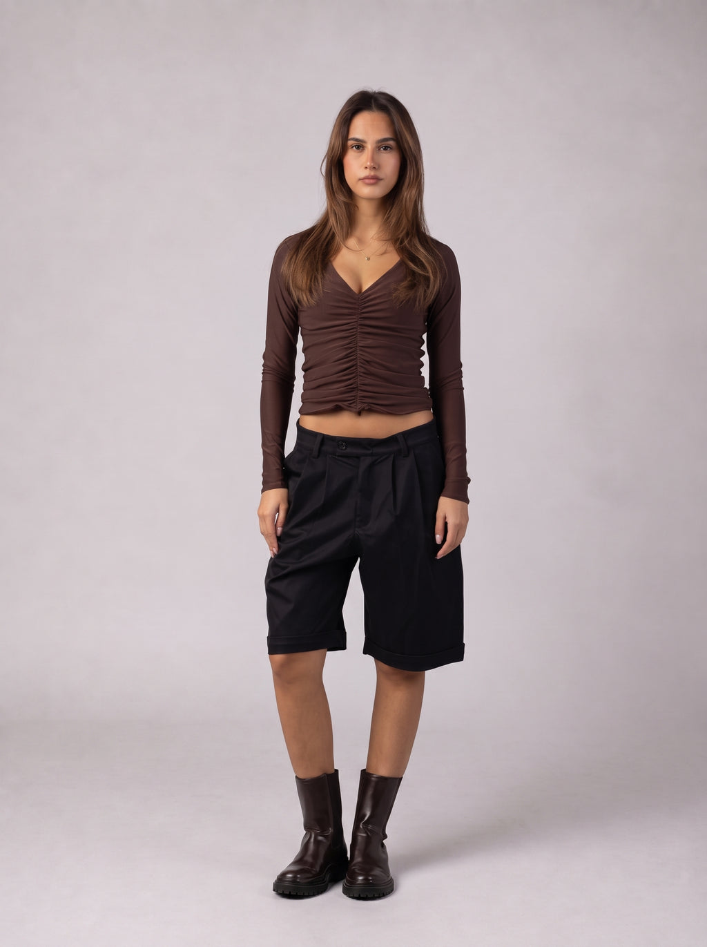 Ruched V-Neck Top in Brown