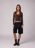 Ruched V-Neck Top in Brown