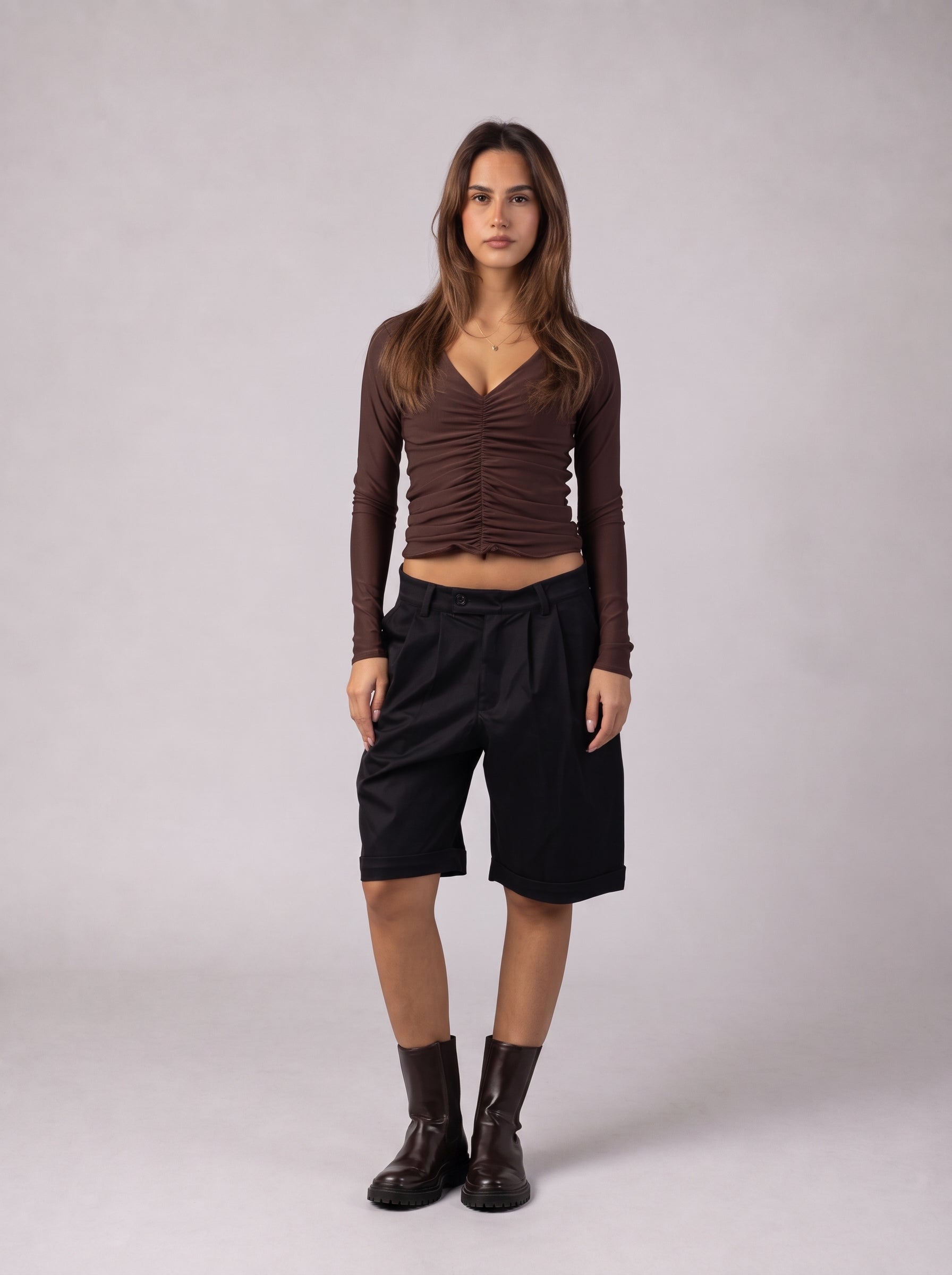 Ruched V-Neck Top in Brown