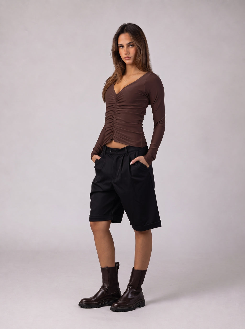 Ruched V-Neck Top in Brown