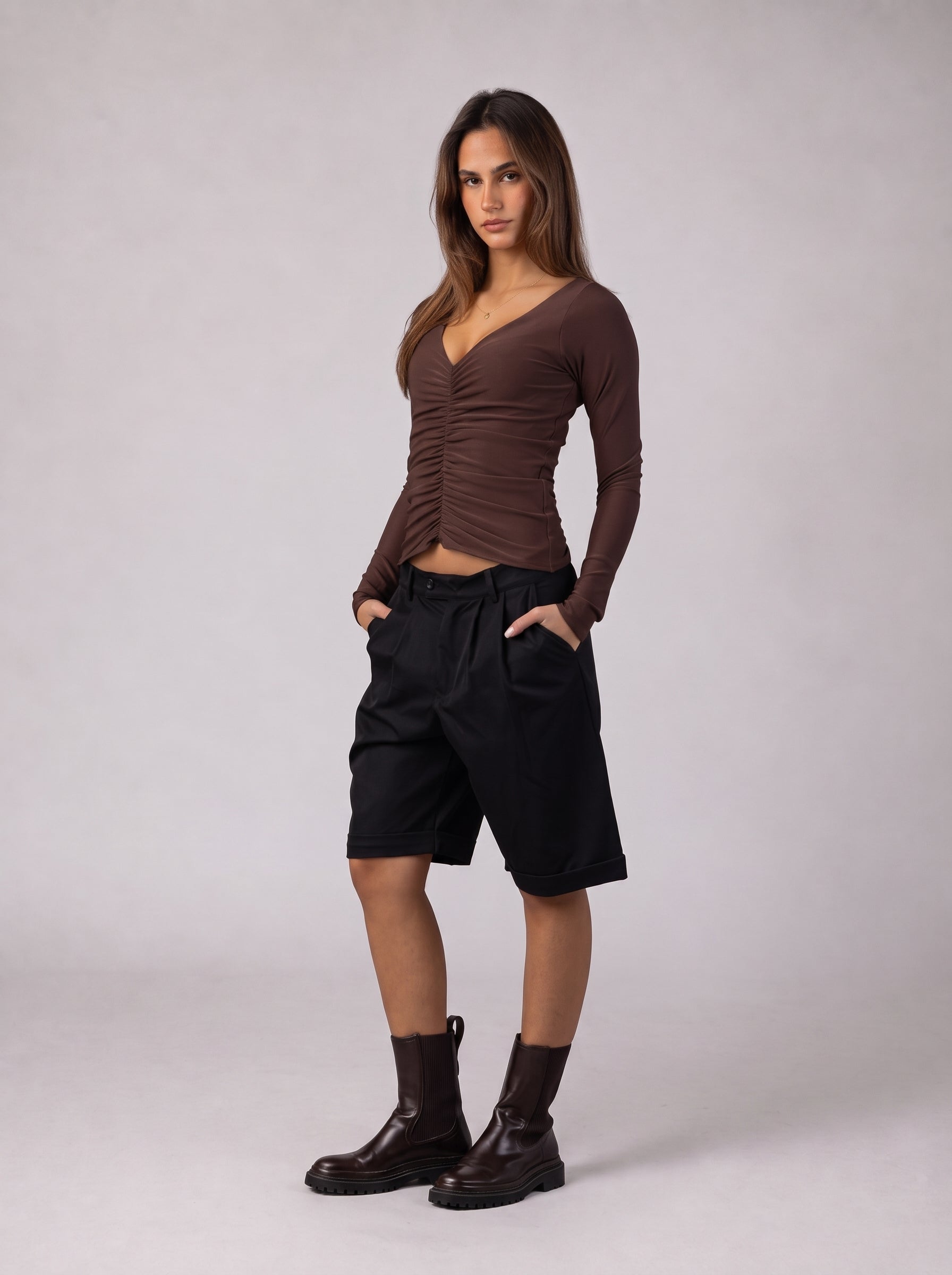 Ruched V-Neck Top in Brown