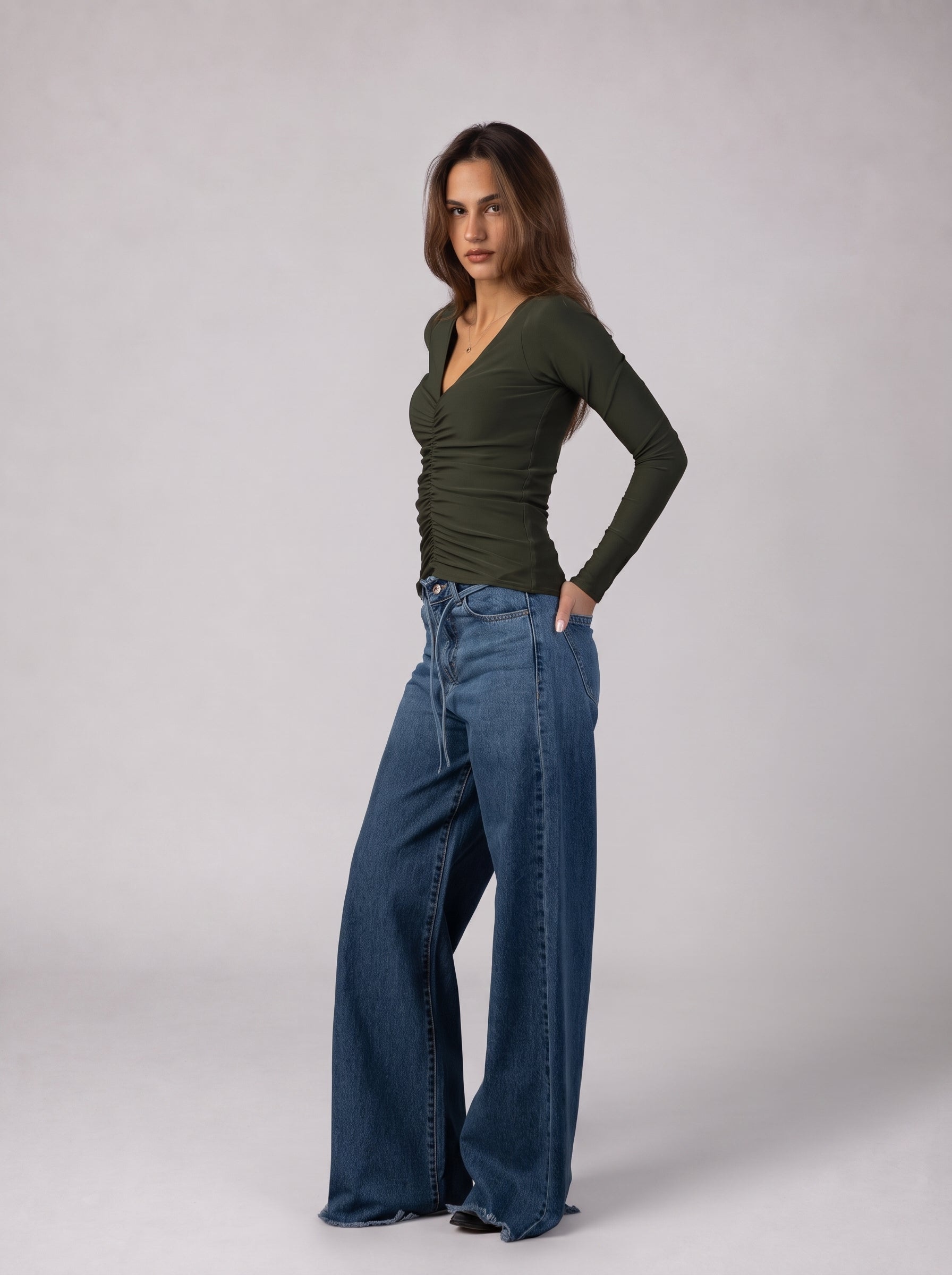 Ruched V-Neck Top in Olive