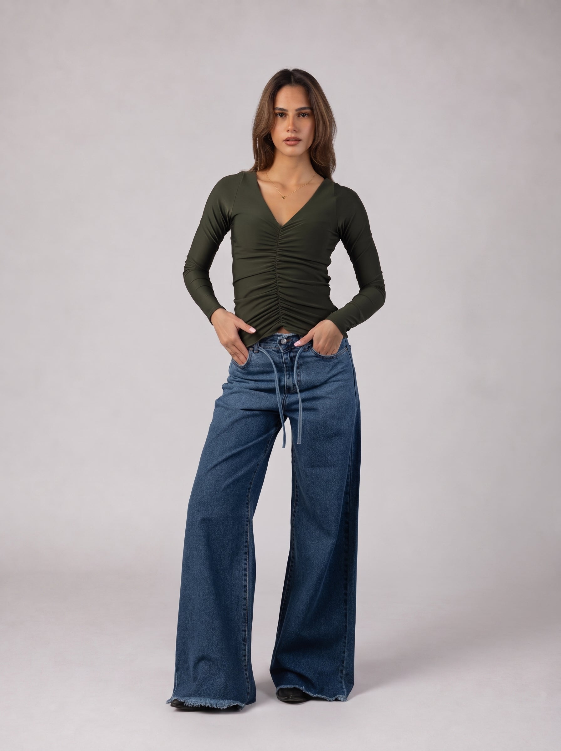 Ruched V-Neck Top in Olive