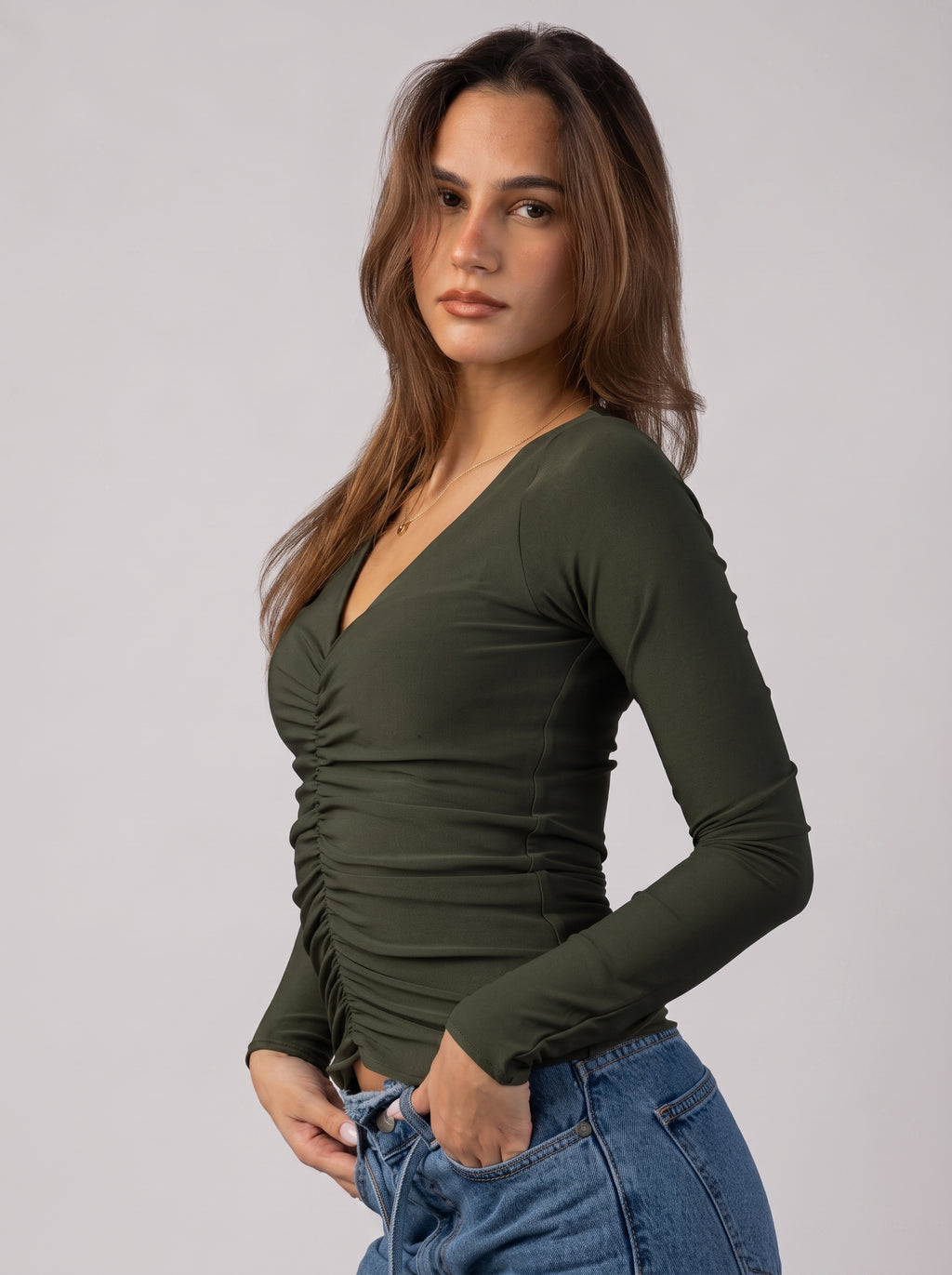 Ruched V-Neck Top in Olive