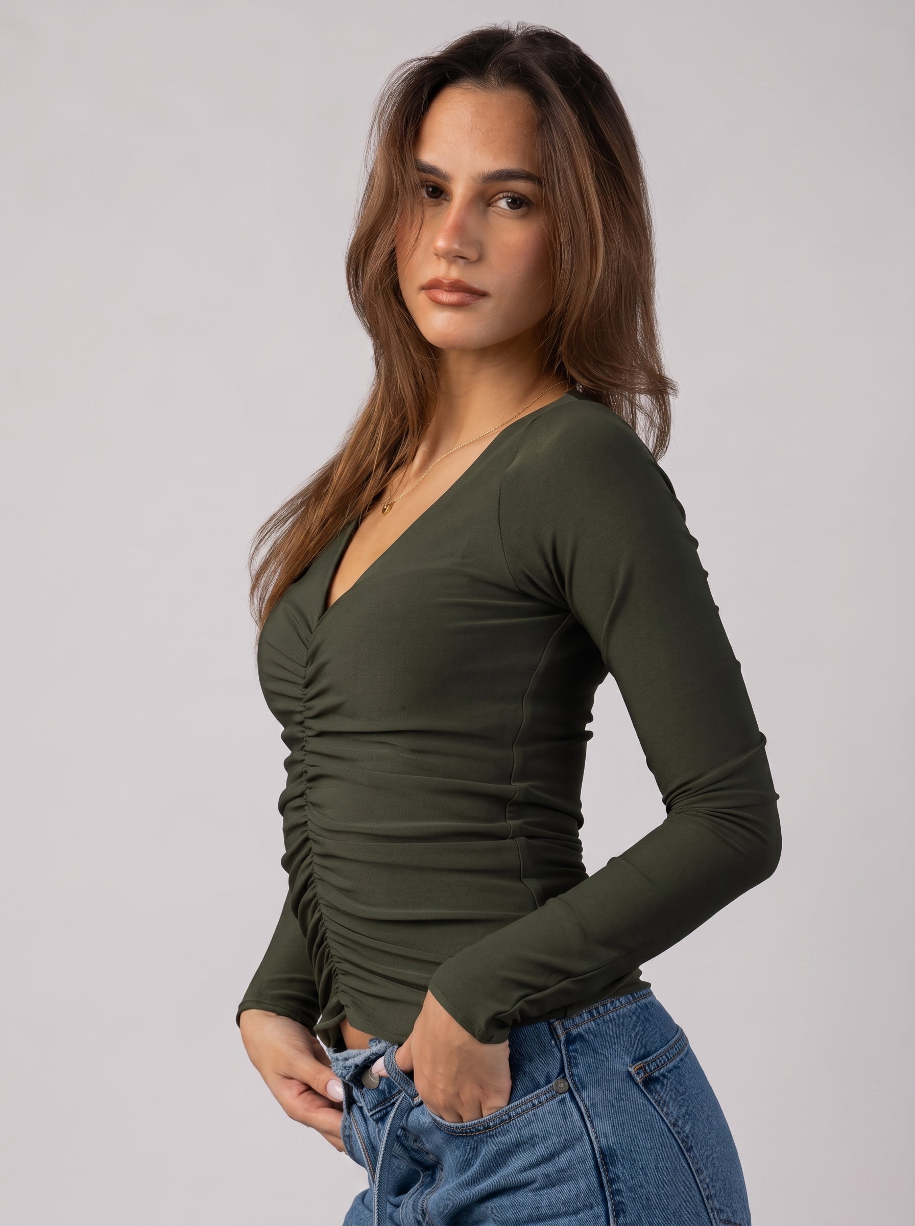 Ruched V-Neck Top in Olive